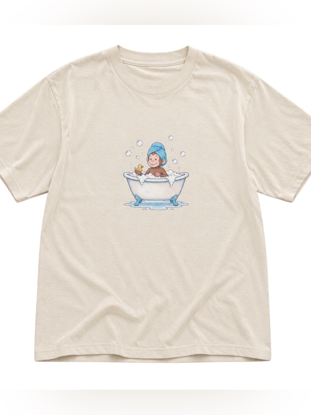 Gildan Cream Curious Tee, Vintage Cute Monkey Bathtub Graphic T-Shirt